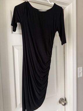 Lulu's Black Asymmetrical Ruched Midi Dress